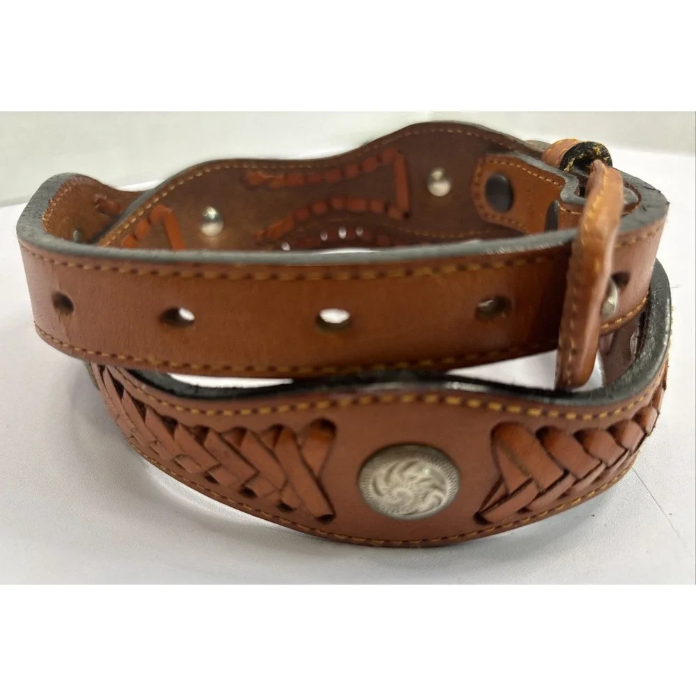 New MEF Western‎ Belt Womens 30 Sm Brown Leather Medallion Braided Southwestern
